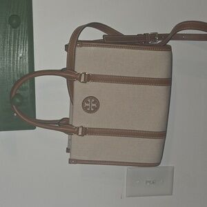 Tory Burch blake canvas Tan and Cream tote bag with brown strap